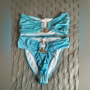 Pretty Little Thing Blue Hammered Trim Bandeau Bikini Top & Bottom